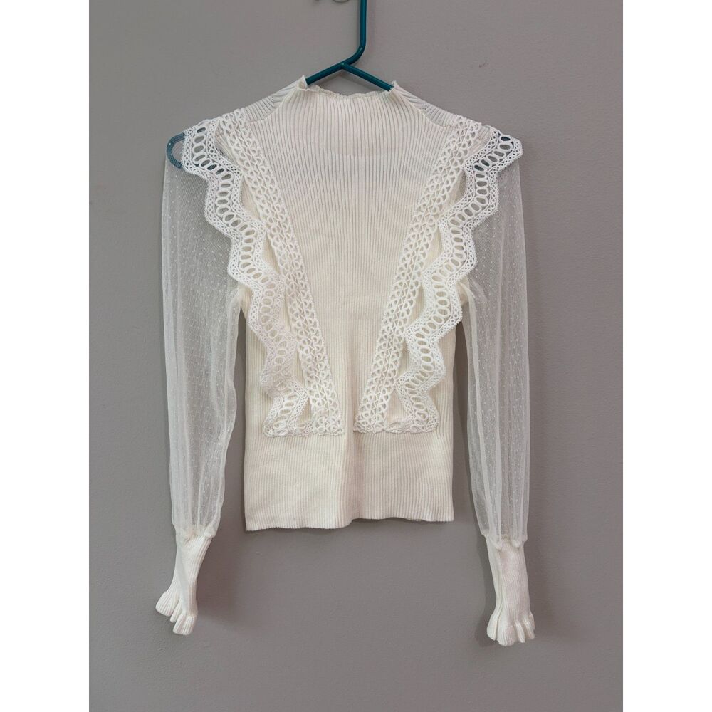 Victorian Lace Trim Mock Neck Ribbed Sweater Sheer Point D'Esprit Sleeves Sz S